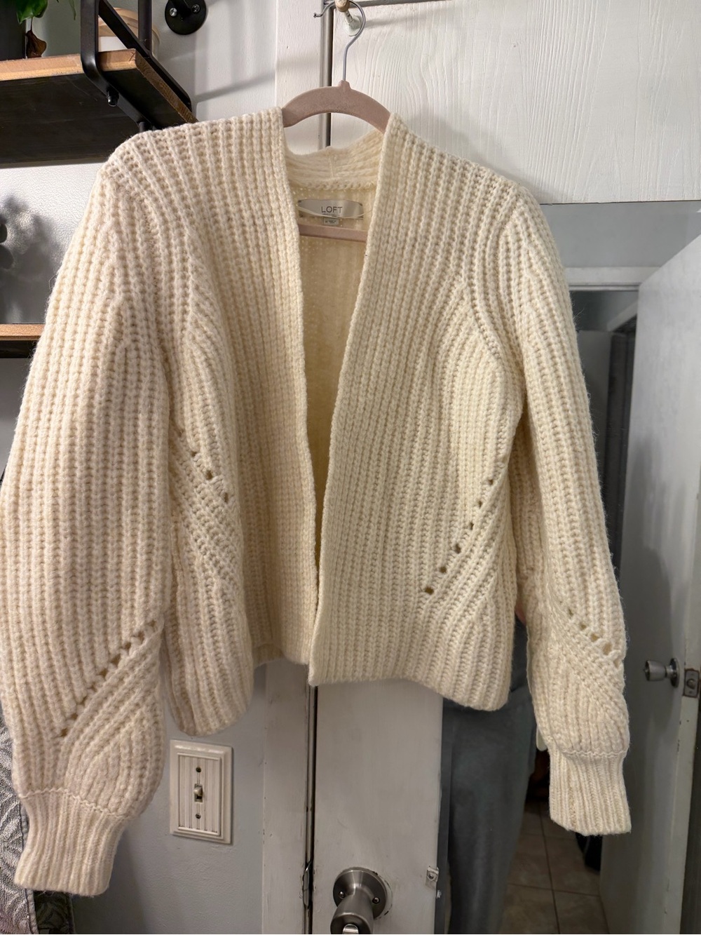LOFT Cream Open-Front Chunky Ribbed Cardigan - Picture 2 of 5